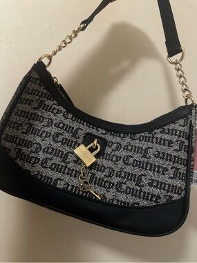 Juicy Couture Black and Gray Logo Shoulder Bag with Gold Lock Charm